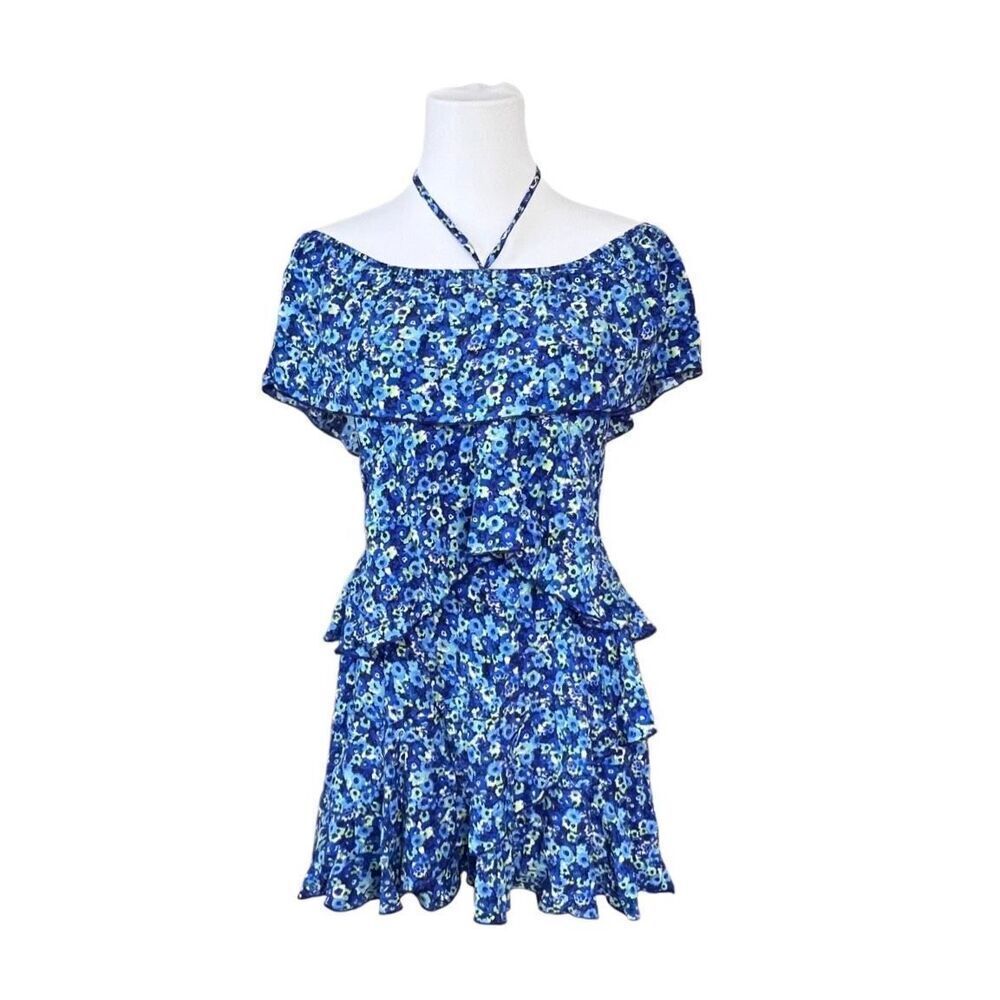 Zara Tiered Blue Floral Off the Shoulder Jumpsuit Romper MEDIUM Preppy Ruffles - Picture 4 of 13